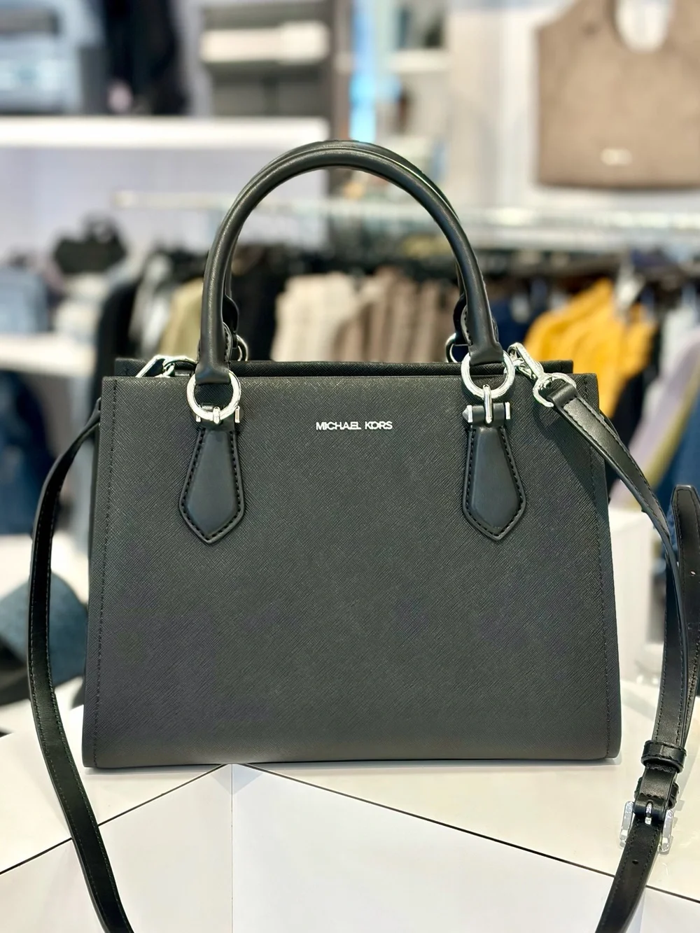 Michael Kors Marilyn Medium Saffiano Leather Satchel Crossbody Bag Black